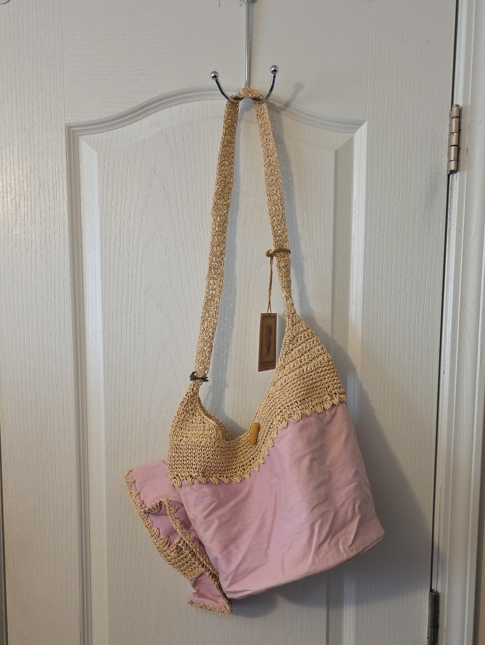 Sun -N Sand Handmade Pink Canvas and Crochet Shoulder Bag and Hat